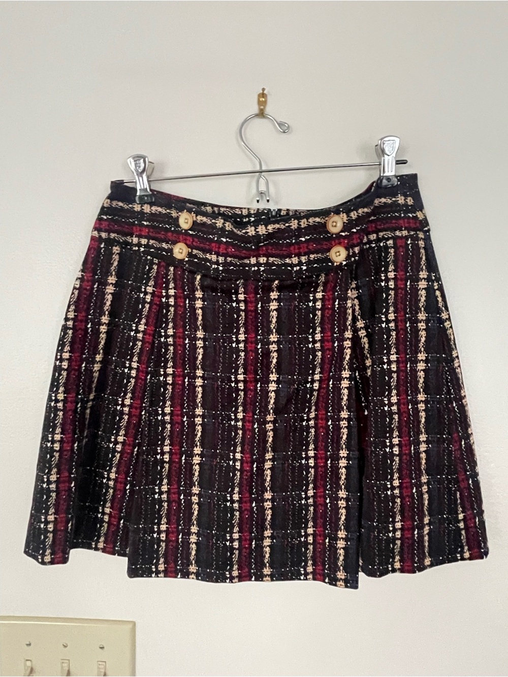 Lady Hagen Black, Burgundy & Cream Plaid A-Line Skirt